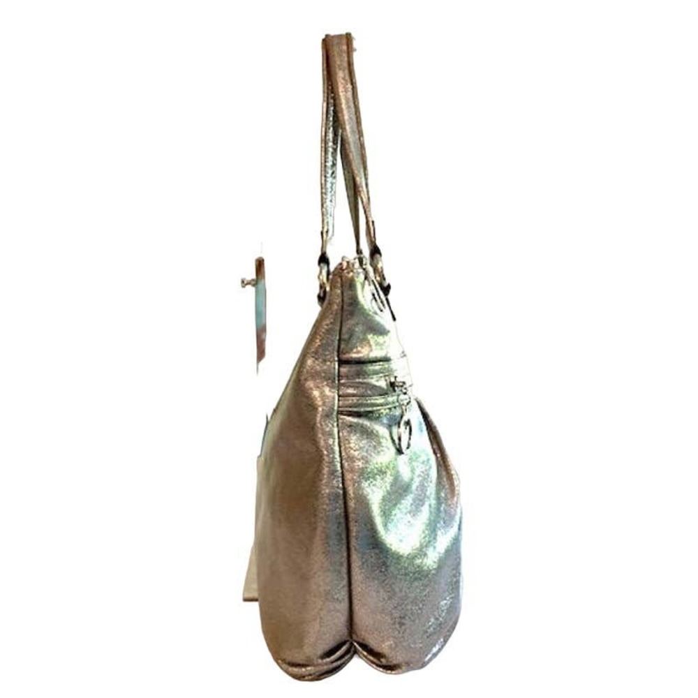 Coach Poppy Silver Pleated Metallic Leather Glam Tote Large - Picture 3 of 14